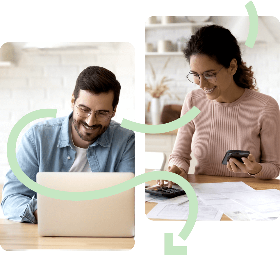 Split image of a smiling man working on a laptop and a woman using a calculator and smartphone, symbolising financial planning.